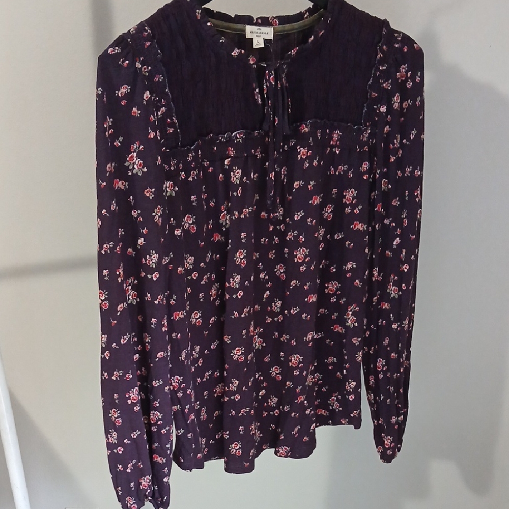 Purple Floral Long Sleeve Blouse with Tie Front